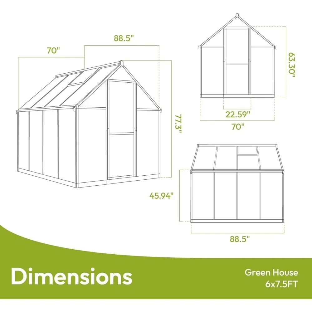 Invernadero de 6x7,5 pies para exteriores, invernadero de policarbonato con estructura de configuración rápida y ventilación de techo, invernadero de aluminio