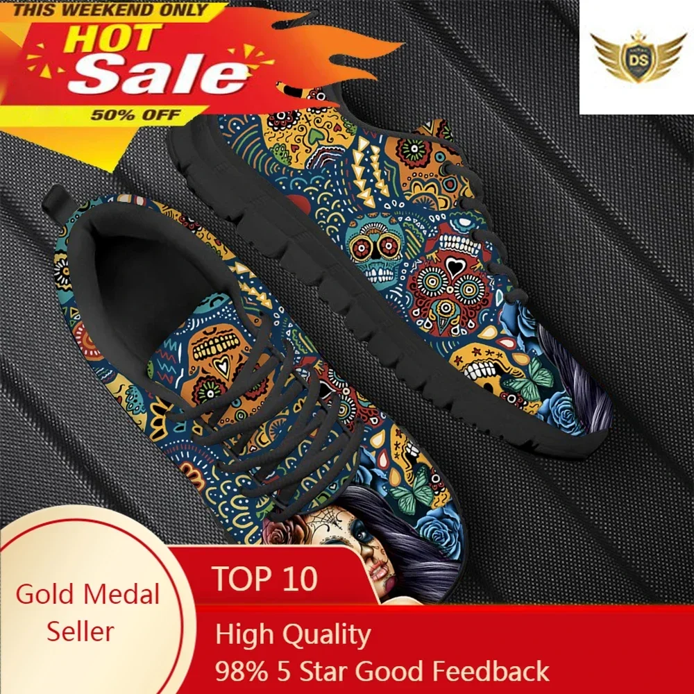 

New Fashion Skeleton Skull Face Girl With Sugar Skull Print Women Flat Shoes Warm Comfort Lace Up Sneaker Hot