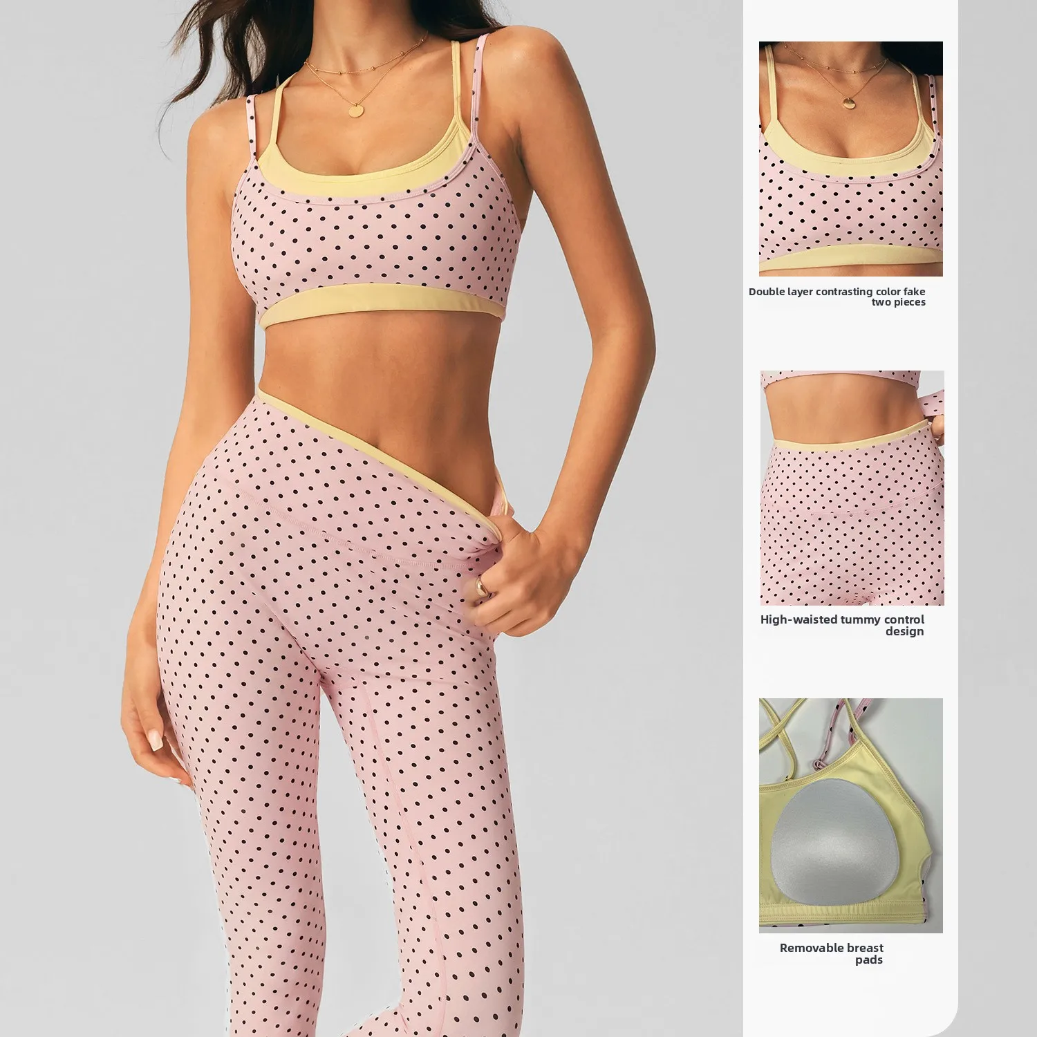 Women 2Pcs Polka Dot Yoga Set Fake Two Piece Criss Cross Back Sports Bra High Waist Leggings Contrast color Gym Workout Outfit