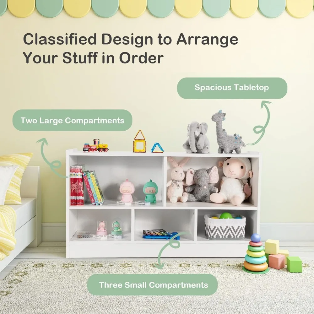 5 Cube Kids Toy Storage Organizer, 2-Tier Wooden Cabinet Rack for Books Toys, Open Bookshelf for Playroom