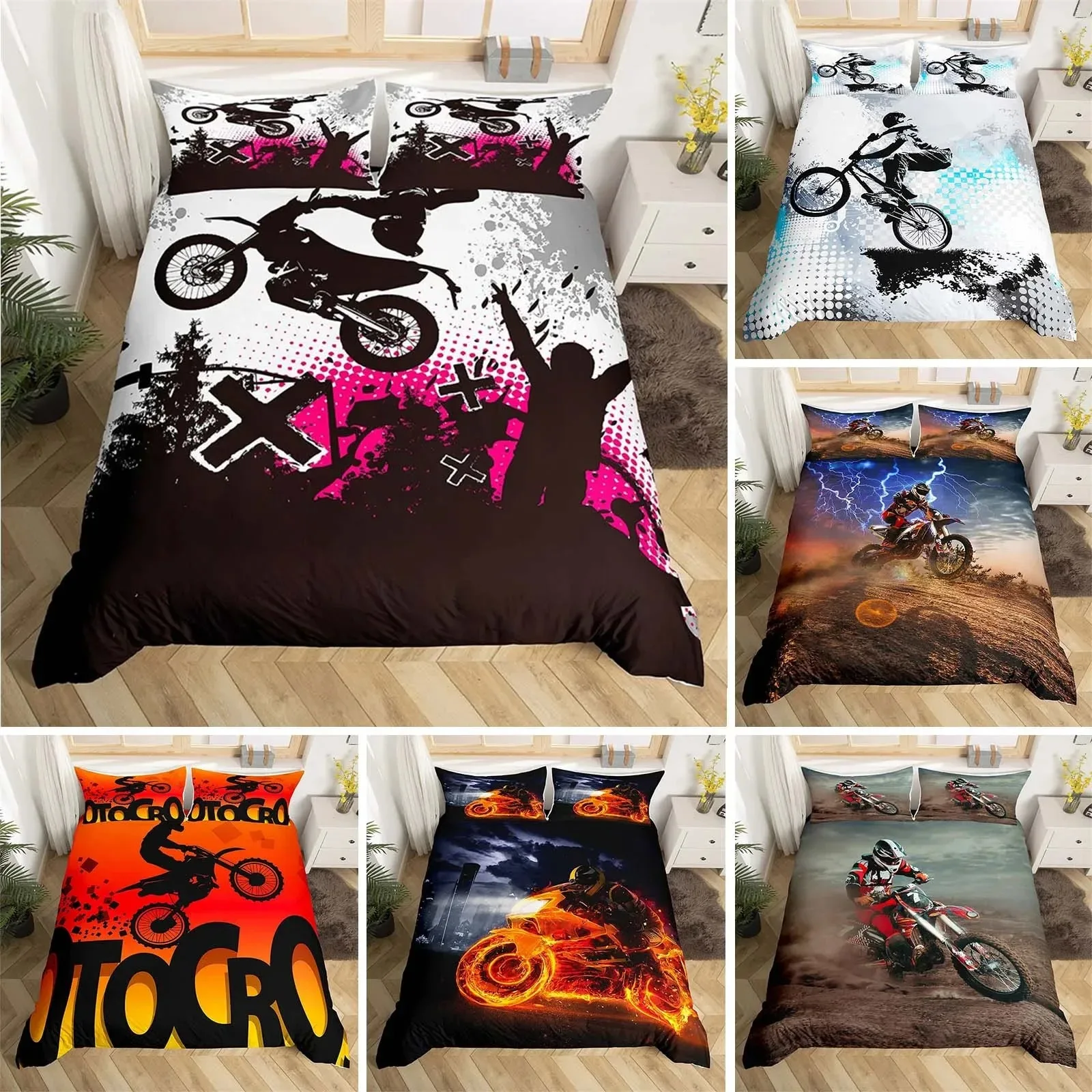 

Extreme Sport Duvet Cover Motocross Bedding Set For Youth Teen Boys Room Microfiber 3D Motocross Racing Moves Theme Quilt Cover