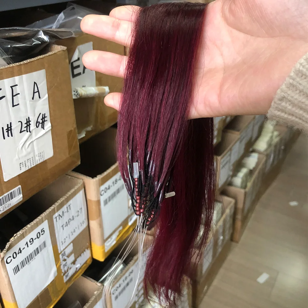 8D Micro Bead Human Hair Extensions 100% Human Hair Natural Burgundy Invisible Silicone Nano Ring Human Hair Extensions