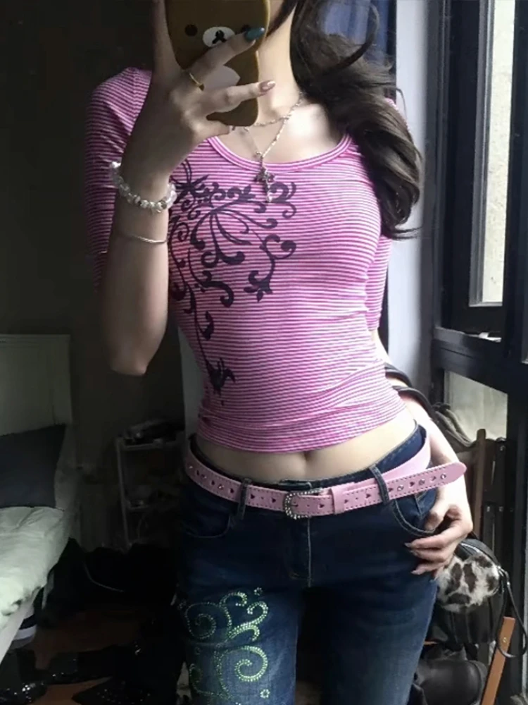 Genayooa Amerikanisches Retro-T-Shirt für Damen, bedruckt, mit Blumenmuster, halbe Ärmel, Y2k, japanische Vintage-Grafik-Tops, 2000er-Jahre, Fairycore-Streetwear – Detail 9