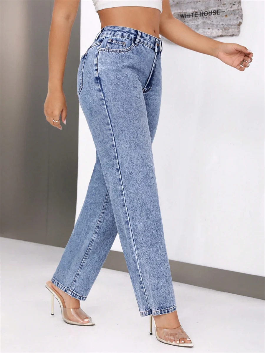 Benuynffy Vintage Blue Mid Waisted Jeans Women\'s American Casual Mom Pants Streetwear Fashion Denim Straight Long Trousers