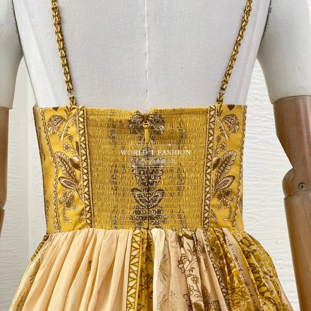 Summer 2025 New Golden Yellow Floral Print Sleeveless Pleat Hem Backless Midi Dress for Holiday