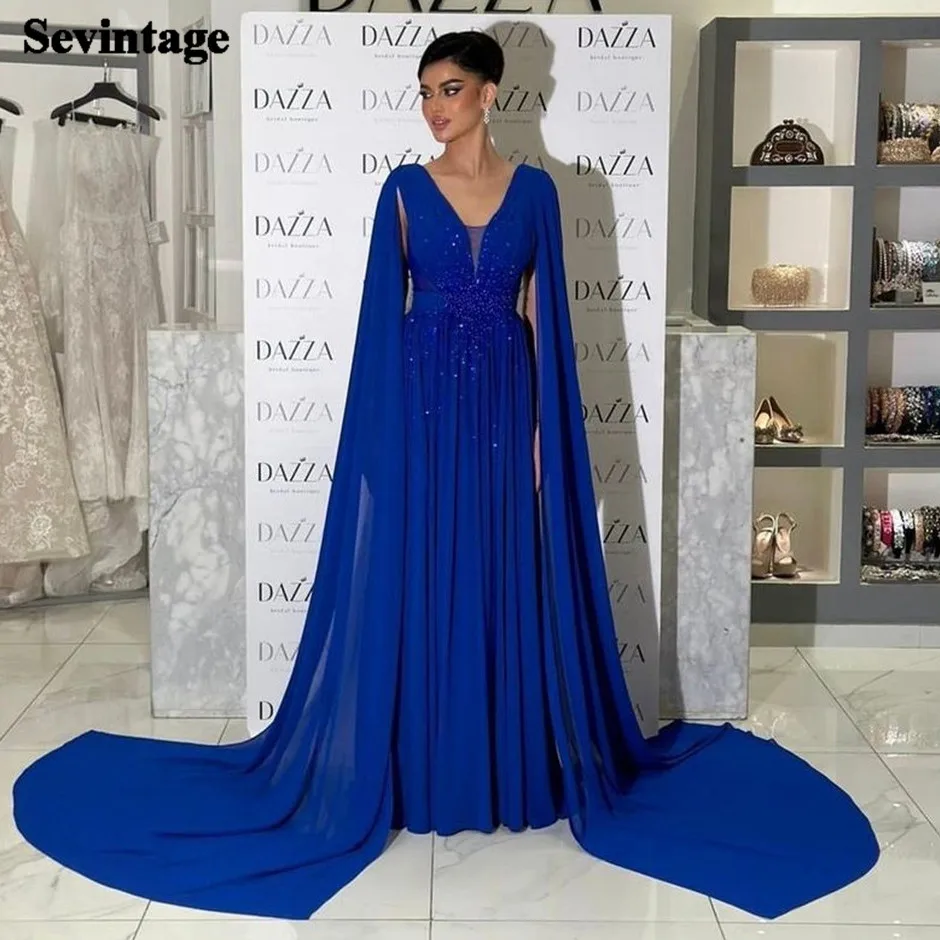 

Sevintage Royal Blue Chiffon Prom Dress V-Neck Sequineds Long Cape Sleeves Floor Length Ruched Evening Dress robes de soirée