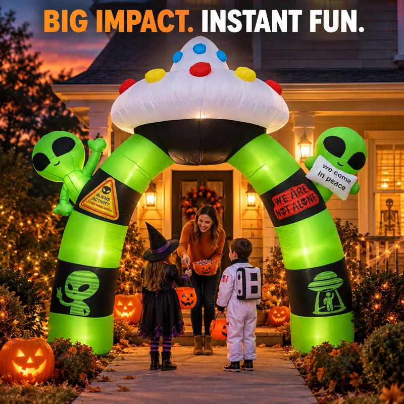 Giant 10.5FT Halloween Inflatable Alien Arch Decoration Blow Up Alien Spaceship Archway with Built-in LED Lights Outdoor Inflatable Toys for Kids Yard Garden Lawn Porch Party Decor Supplies USA Stock Warehouse Airblown Cute Prop Trick or Treat Spooky Fun