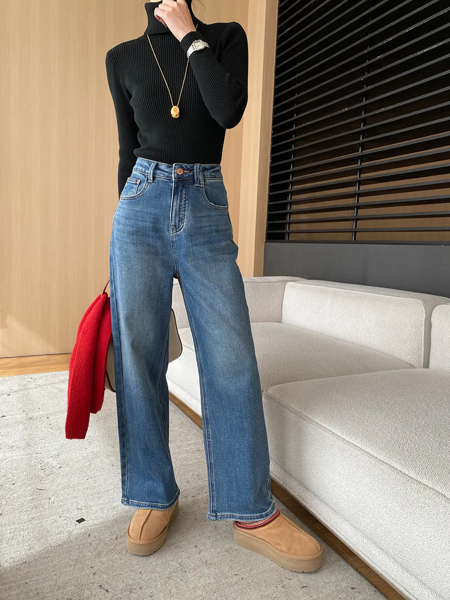 Autumn and winter women's casual solid color high waist loose straight leg jeans