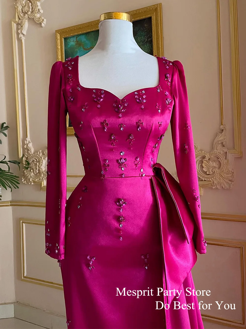 Saudi Evening Dress Fuchsia Mermaid Party Gown Sweetheart Long Sleeve Crystal Stones Ankle Length Formal Dresses for Weddings