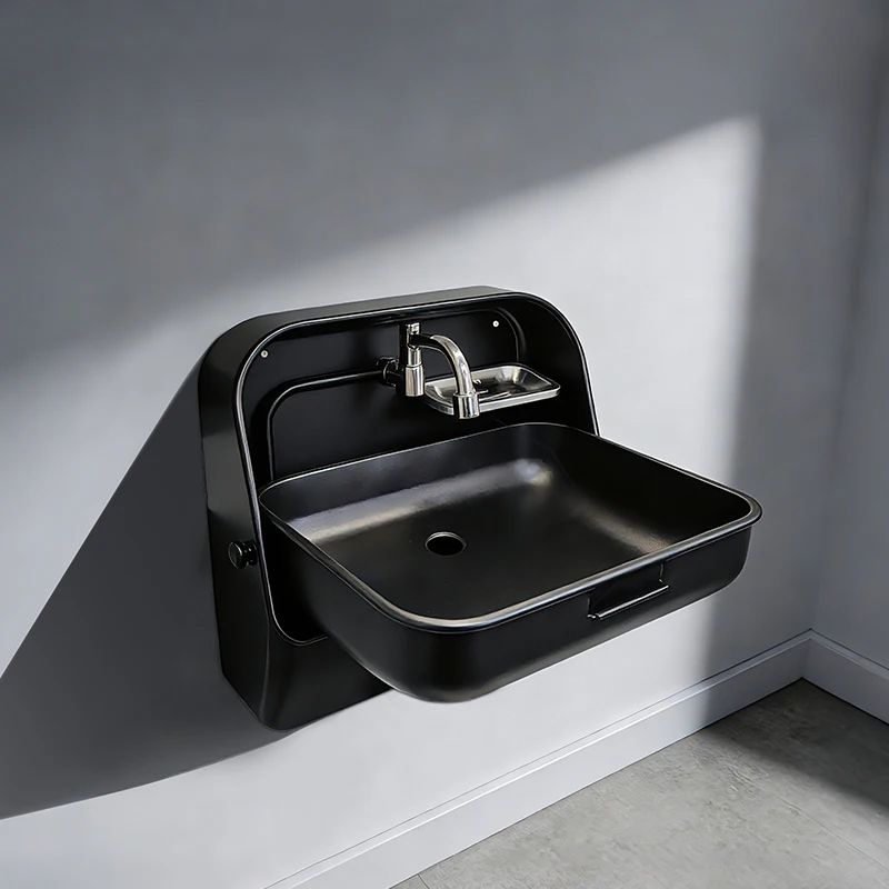 Save Space Sleek Black SUS 304 Stainless Steel Wall-Mounted Folding Sink for RV Camper Motorhome Interior Accessories
