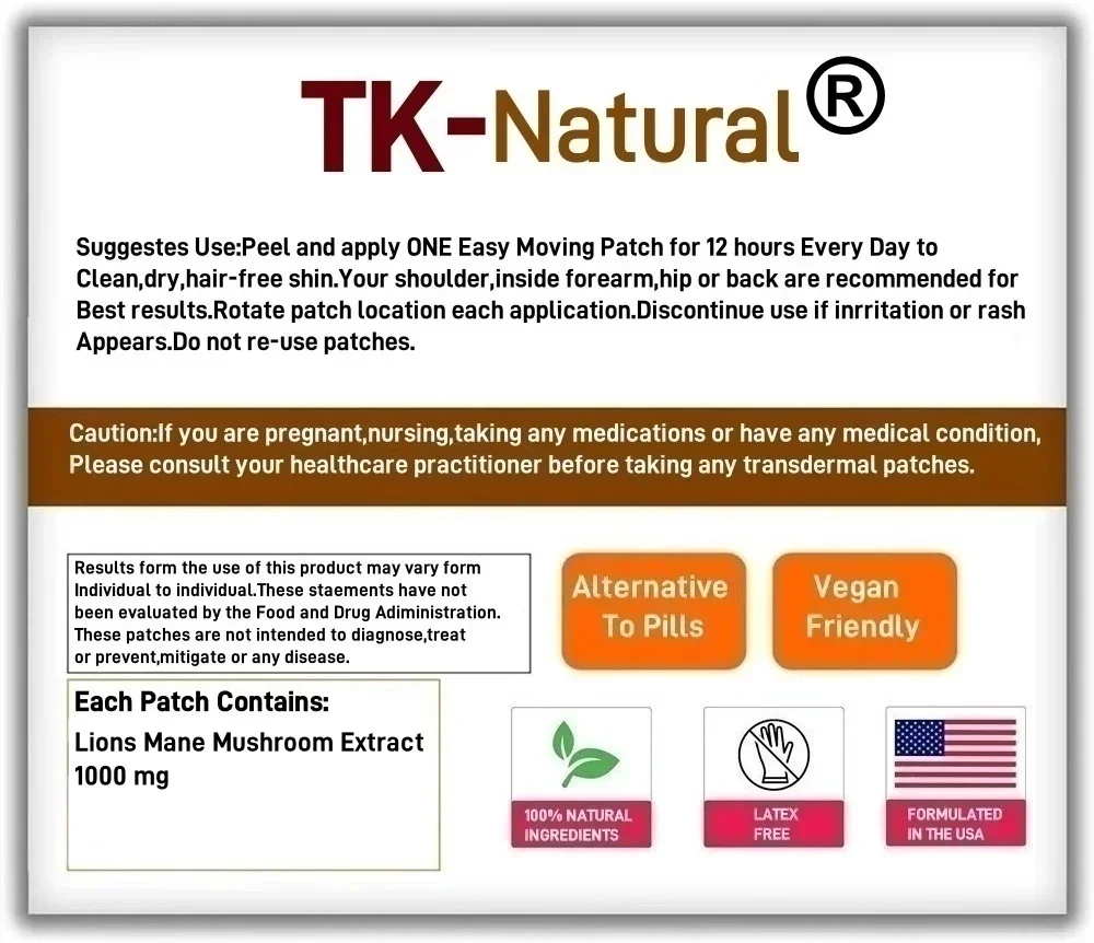 30 Patches Lions Mane Mushroom Transdermal Patches for Memory, Focus & Immune Support