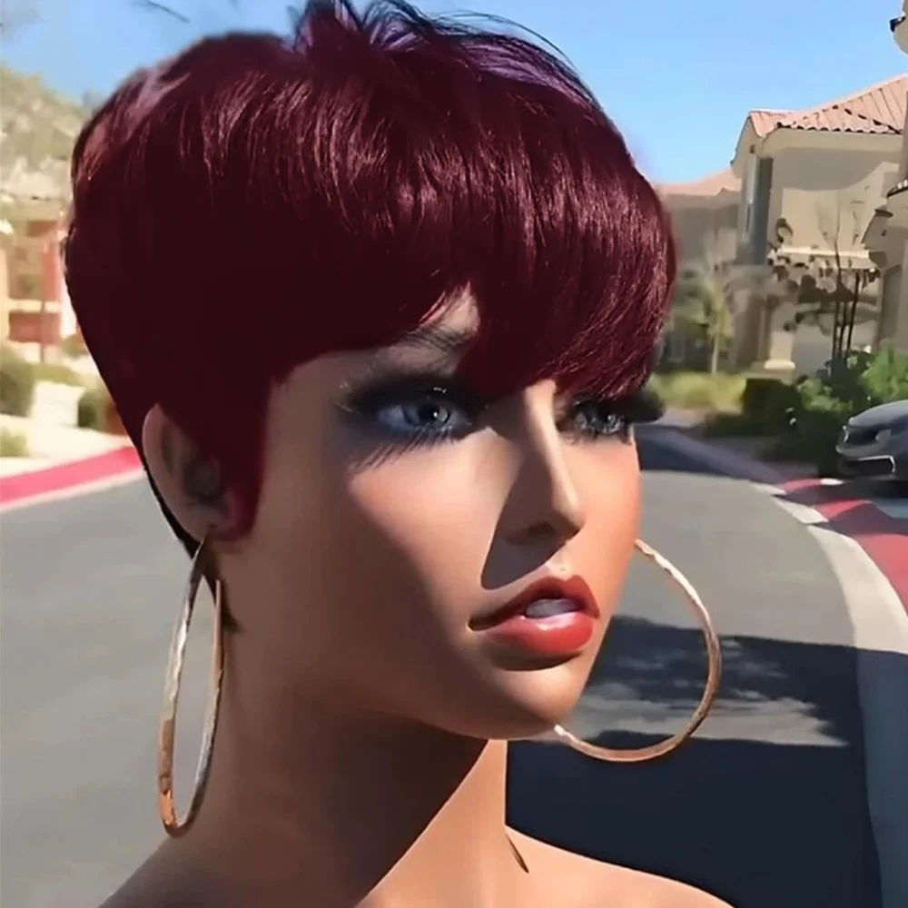 

6inch 99j color daily party use wig pixie cut short straight human hair wigs for women machine made remy wig 150% density