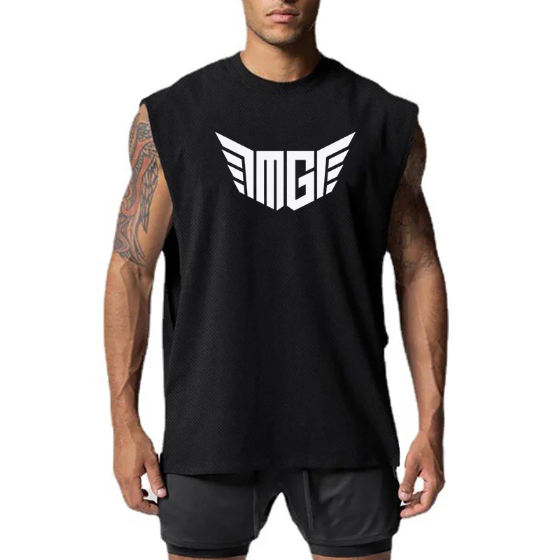 Mens Gym Brand Trend Vest Mesh Fitness Fashion Breathable Clothing Bodybuilding Quick Dry Singlets Summer Tank Top