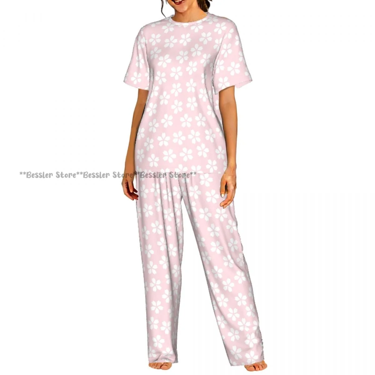 

Women's Pink Cherry Blossom Flowers short sleeve trousers casual pajamas set