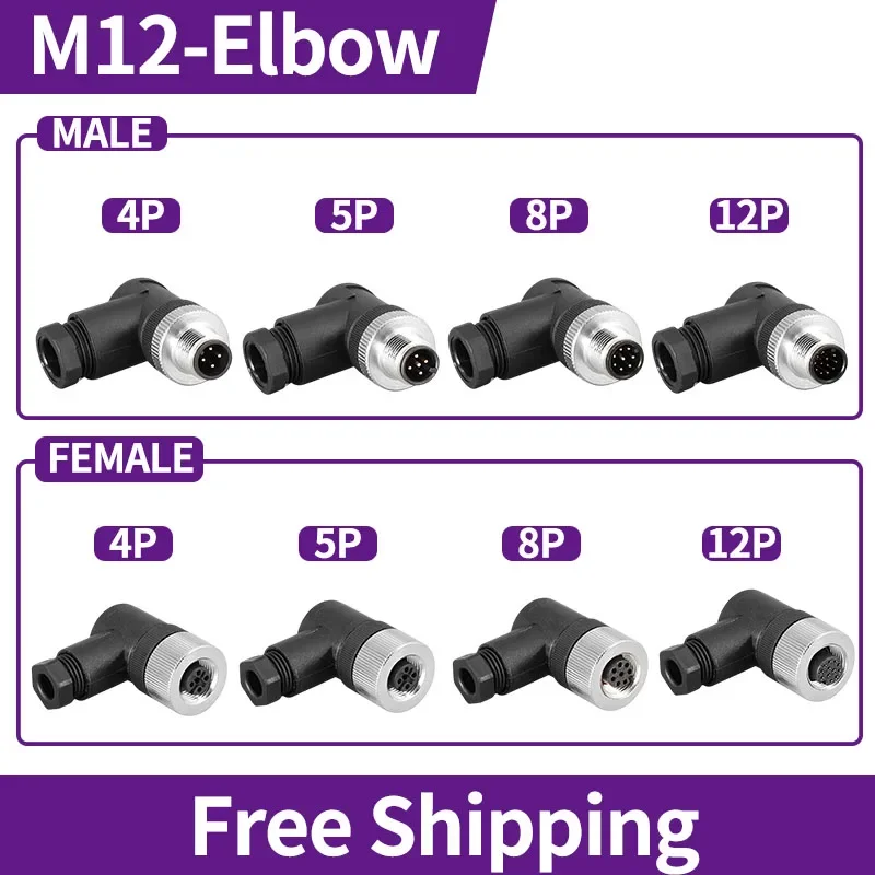 

M12 Elbow 4/5/8/12Pin Sensor Connector 5 PCS Male&Female Waterproof Aviation Plug&Socket Screw Threaded Coupling Type A