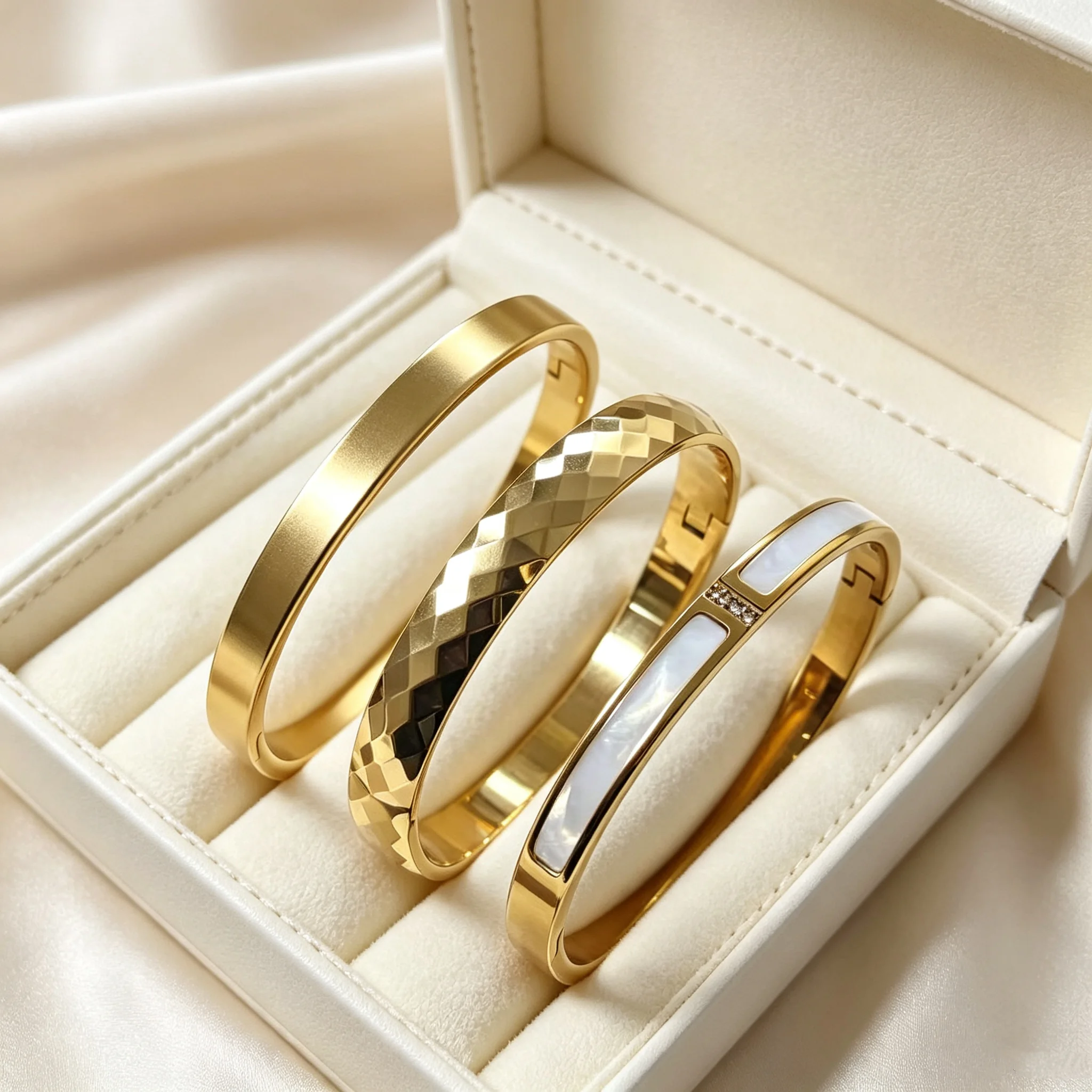 3-Piece Set Stainless Steel Stacked Bracelets Gold Tone Elegant Luxury Suitable for Women Daily Work Vacation Jewelry Wear
