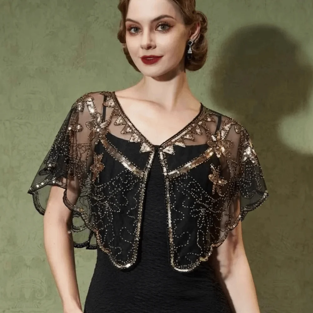 Retro Sequins Poncho Coat Bling Bling Vintage Style Sequin Beaded Short Cape Short Cape 1920s Theme Flapper Shawl