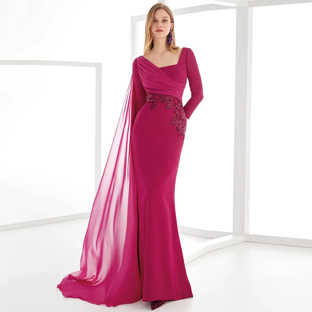 

Modern Fuchsia Mermaid Jersey Evening Dress with Draped Ribbons Customized Appliques Pleats Square Collar Wedding Party Gowns