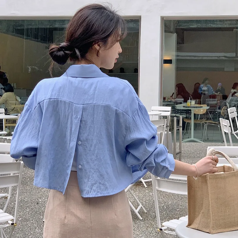 

Short Shirt Tailored Turn-down Collar Back Split Design Loose Single Button Long Sleeve Women's Fashion Spring 2026 Pure Color