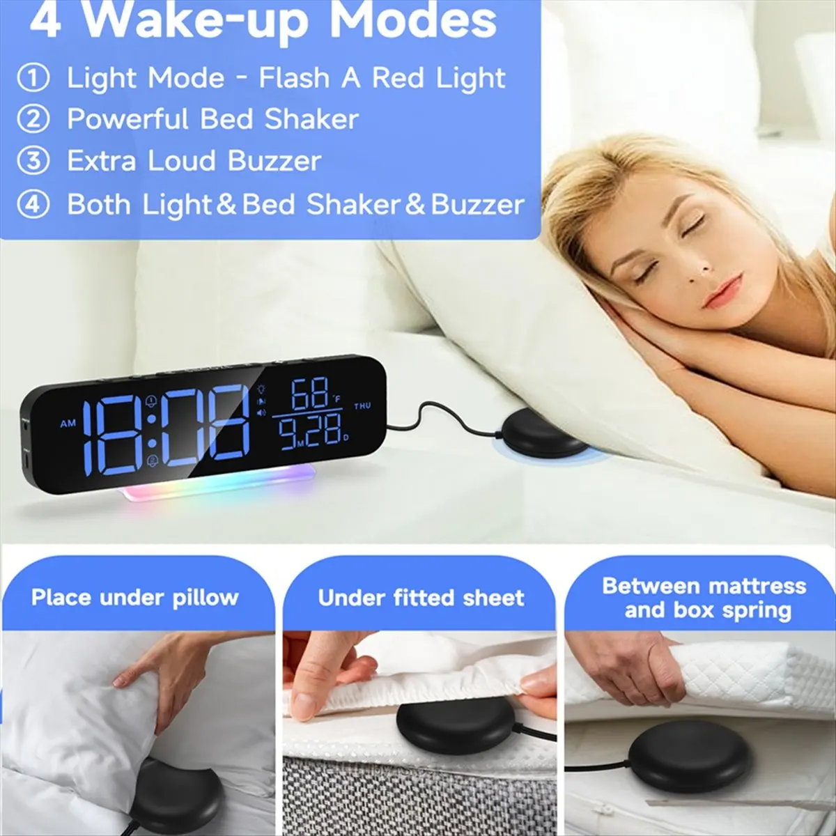 A14M Vibrating Clock with Super Loud Alarm and Bed Shaking Vibrator. Various Display Modes with Colorful RGB LED Night Light