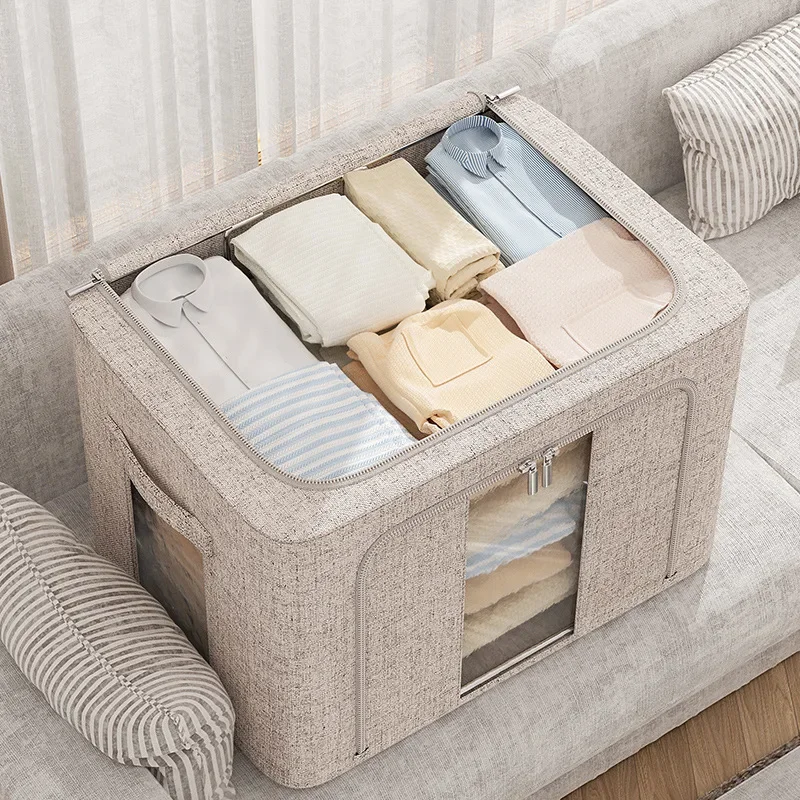 66L Japanese-Style Large Capacity Cotton and Linen Storage Box Foldable Bedroom Clothes Pants Organizing Box Toy Clutter Box