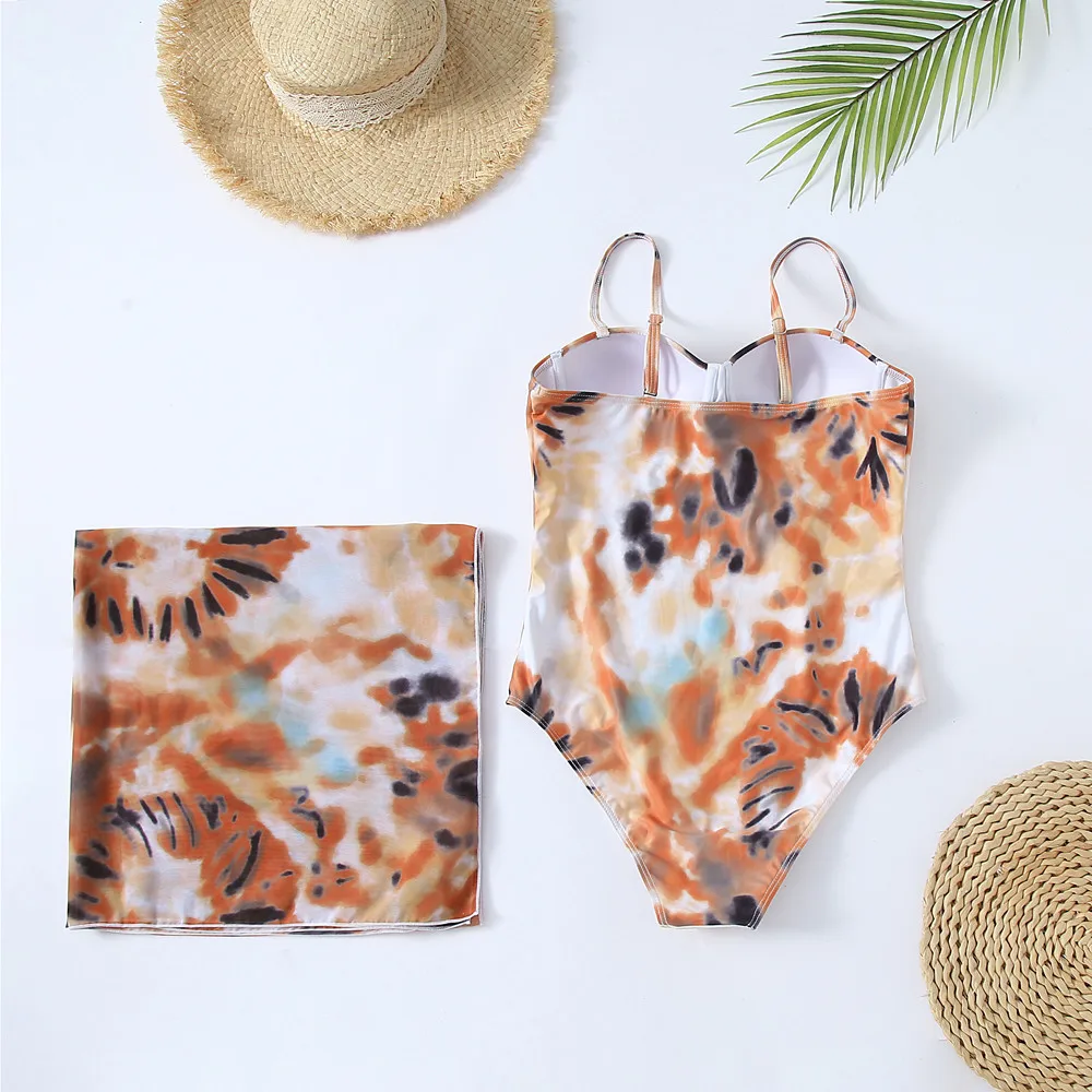 SKMY 2 Piece Sets Women Outfit 2023 New Spaghetti Strap Bodysuit Tops And Mesh Skirts Print Summer Beach Party Night Club Outfit
