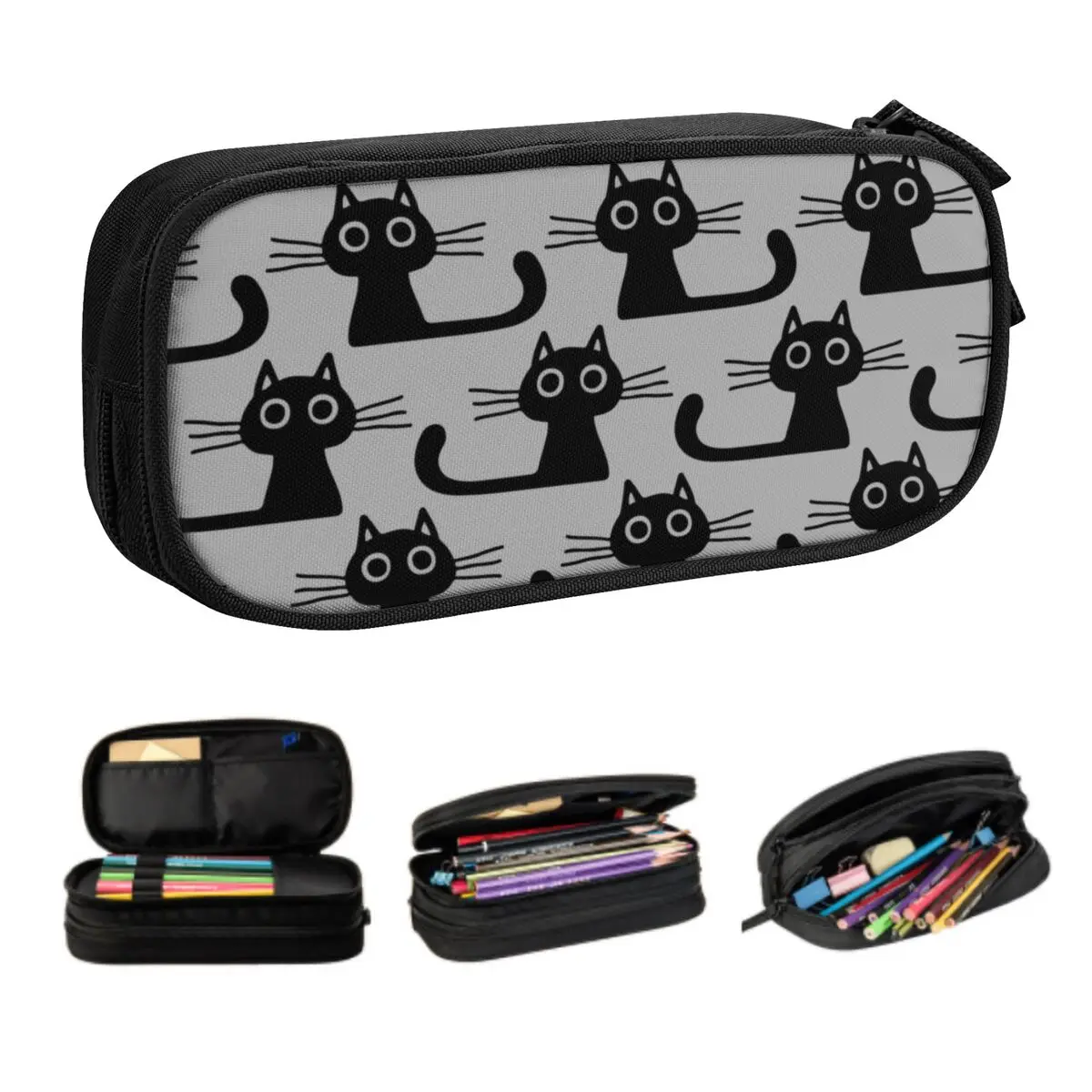 Estuches de lápices de ojos anchos de gato negro para niños y niñas, estuche de lápices de gatito de dibujos animados de gran almacenamiento personalizado, suministros escolares