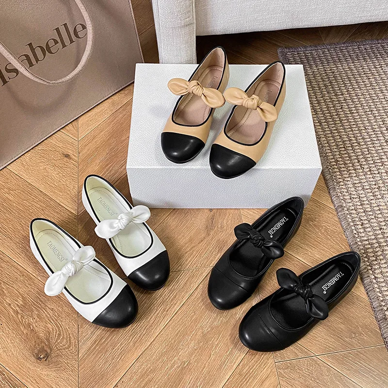 

Fashion Bow Splicing Round Head Versatile Shallow Mouth Single Shoes Women