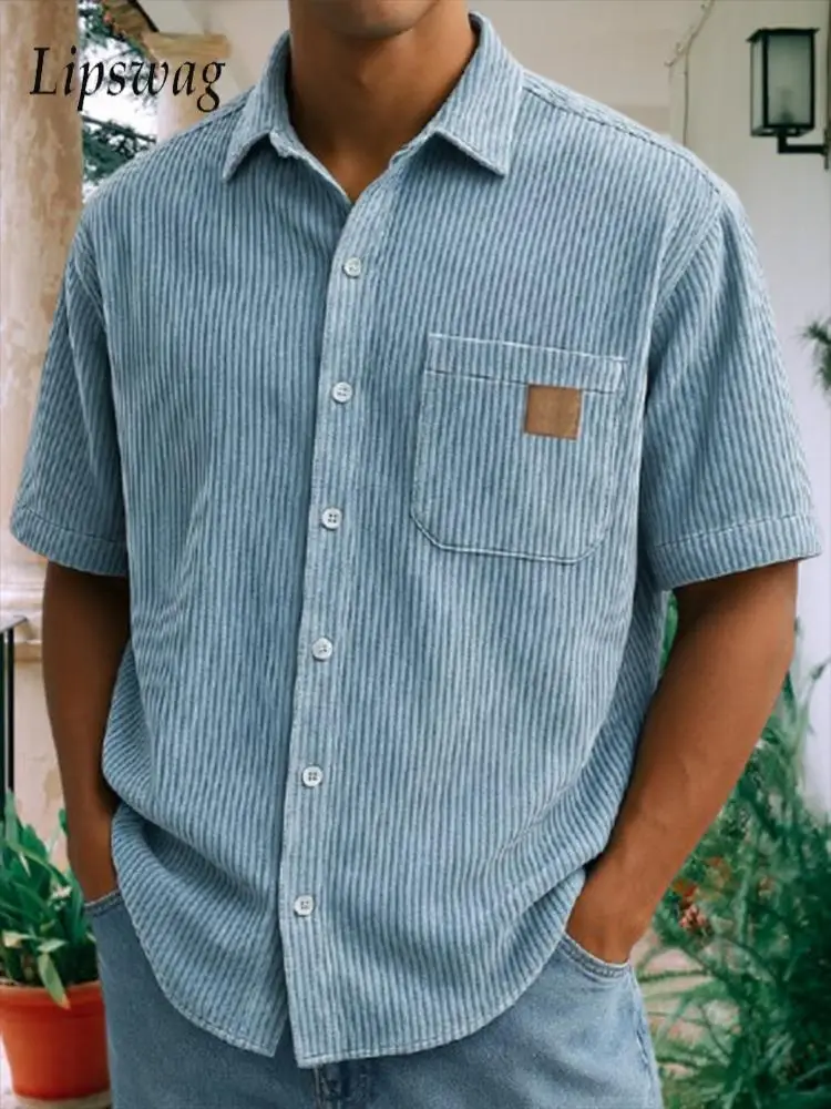

Уличные повседневные рубашки, мужские весенне-летние модные вельветовые рубашки в рубчик с коротким рукавом, винтажные мужские рубашки с отложным воротником на пуговицах