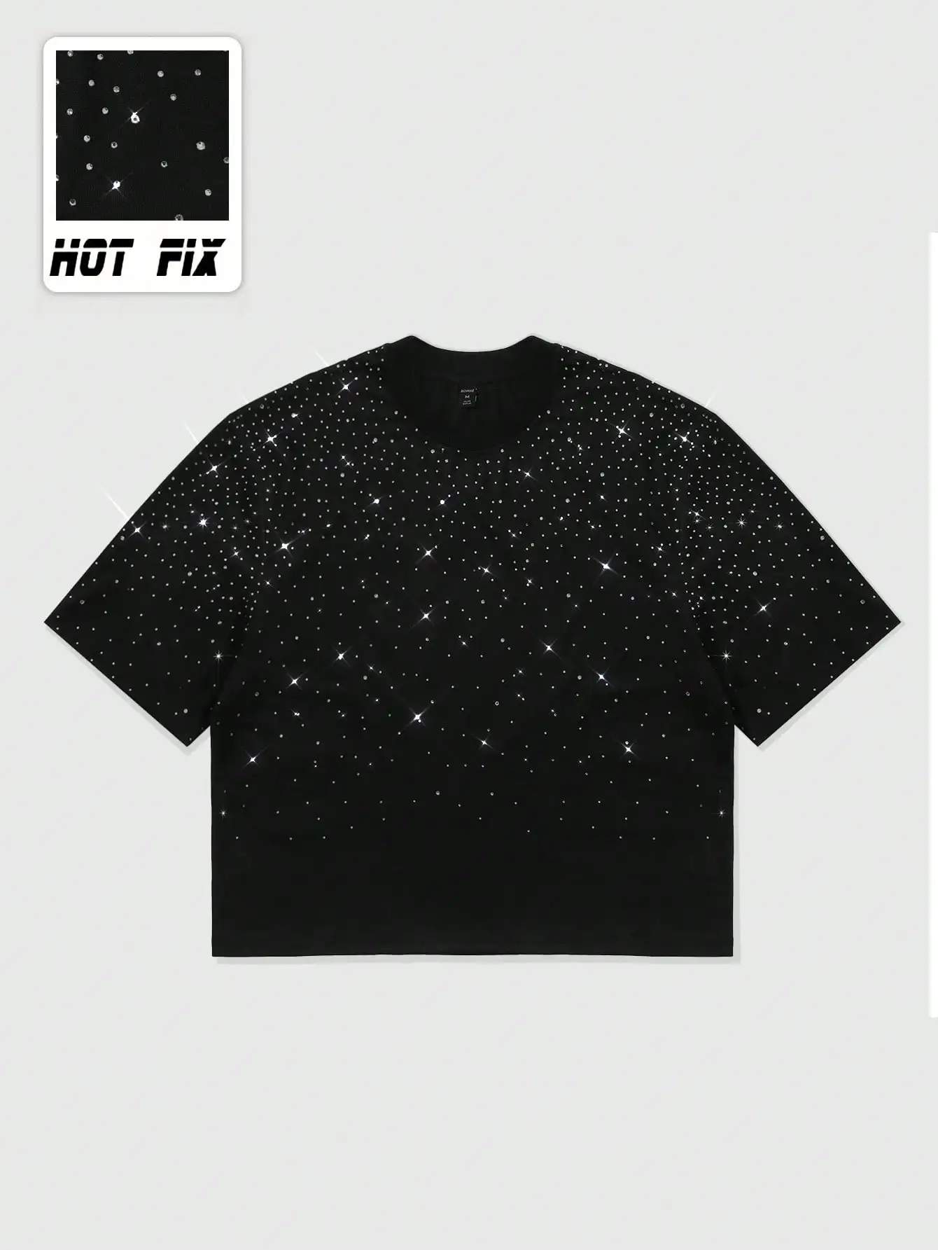 

Black Oversized T-Shirt with All-Over Sparkle Rhinestone Embellishment, Casual Streetwear Style