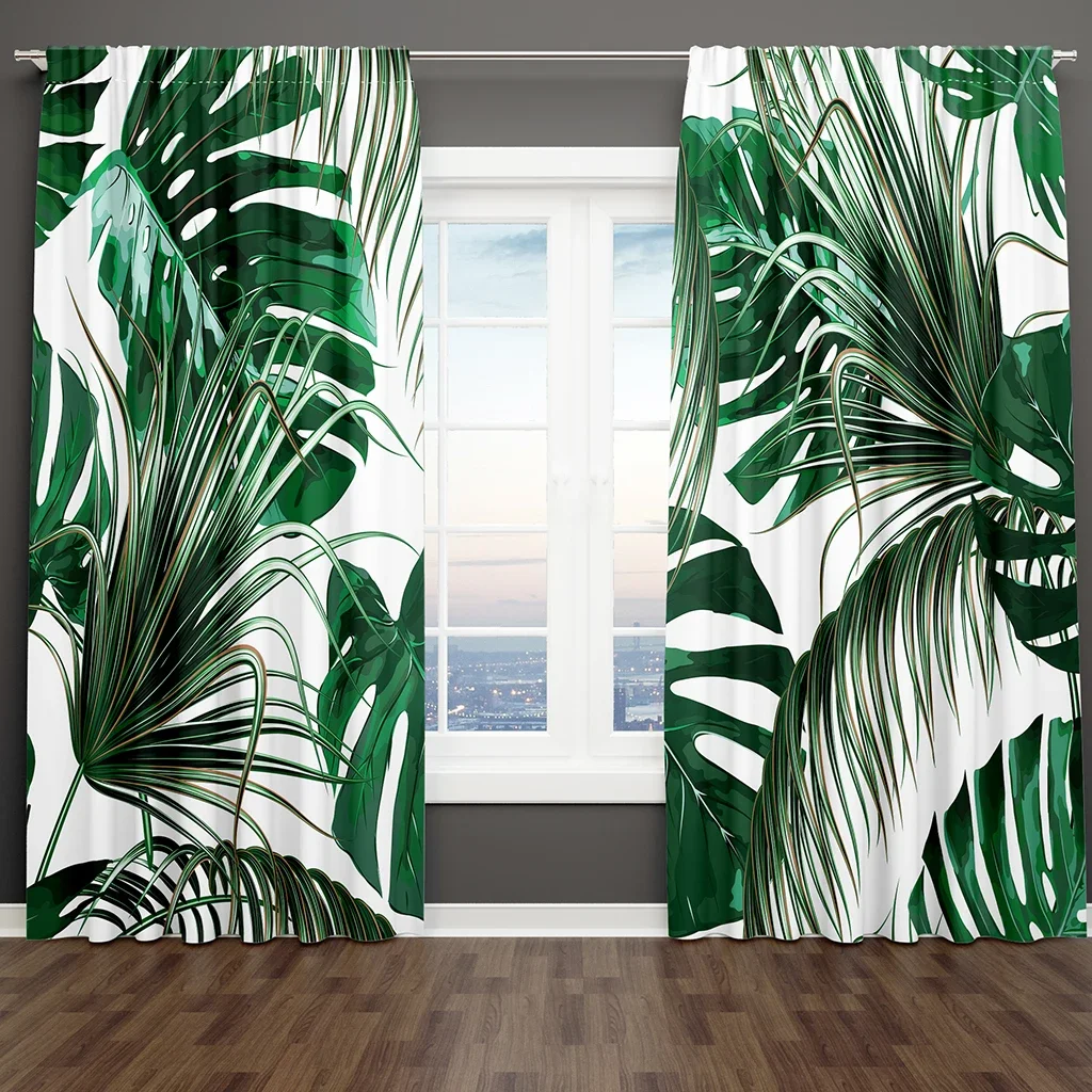 ModernTransparent Drapes of Rainforest Green Leaves Shading Bedroom Winodw Curtains Set for Living Room 2 Pieces Free Shiping