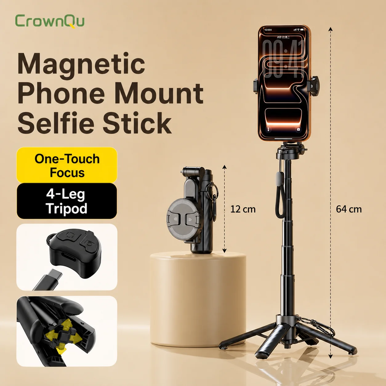 Bastão de selfie magnético portátil, suporte multifuncional para telefone com braçadeira, controle remoto Bluetooth, tripé extensível para iPhone Android