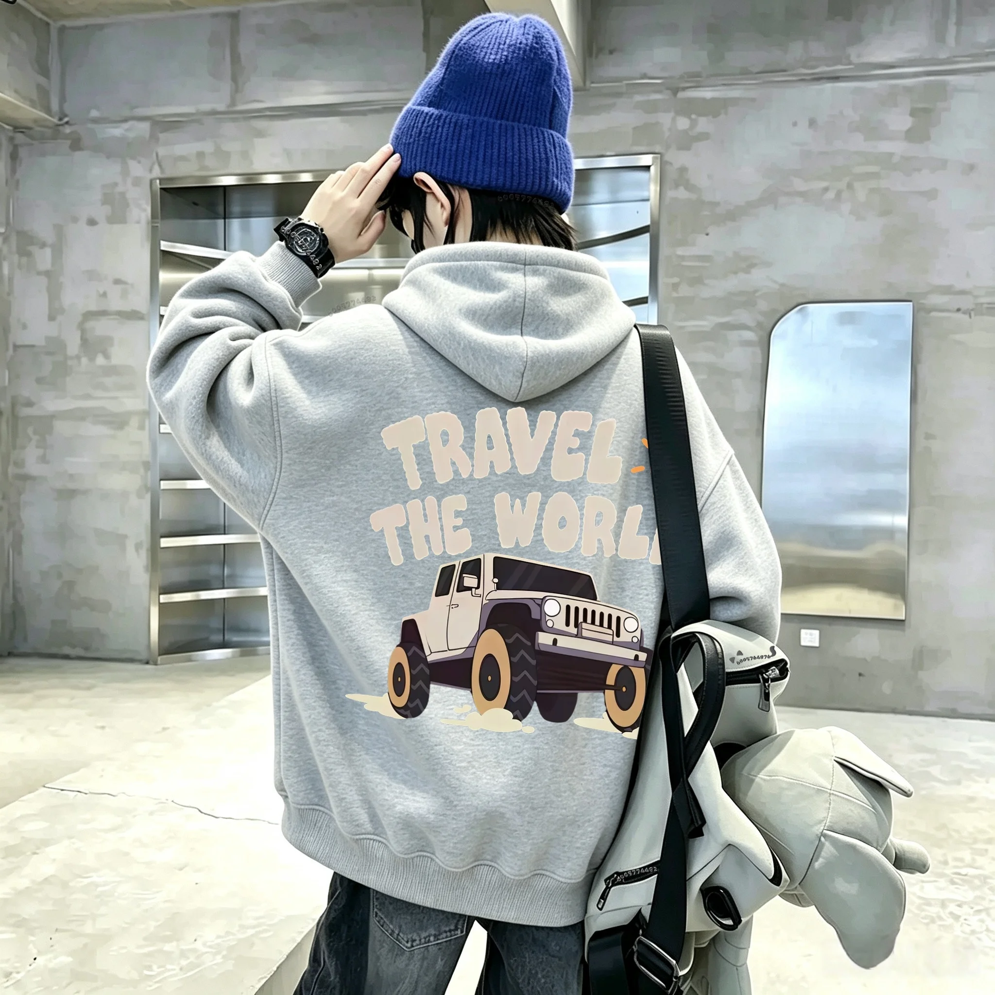 Y2K Unisex Kids Hooded Sweatshirt, Off-road Jeep Car Back Print Thick Pullover Hoodie, Autumn Winter Loose Casual Children Tops