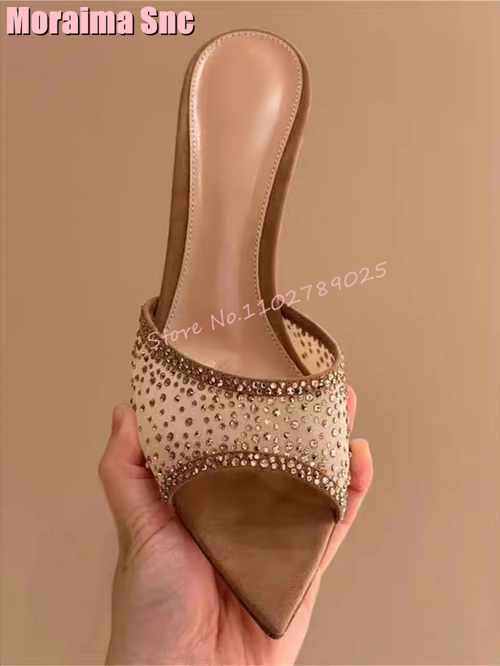 Mesh Crystal Bling Pointed Open Toe Slippers Stiletto High Heels Slip On Sexy Brown Solid Women Shoes Slides Summer Fashion 2024