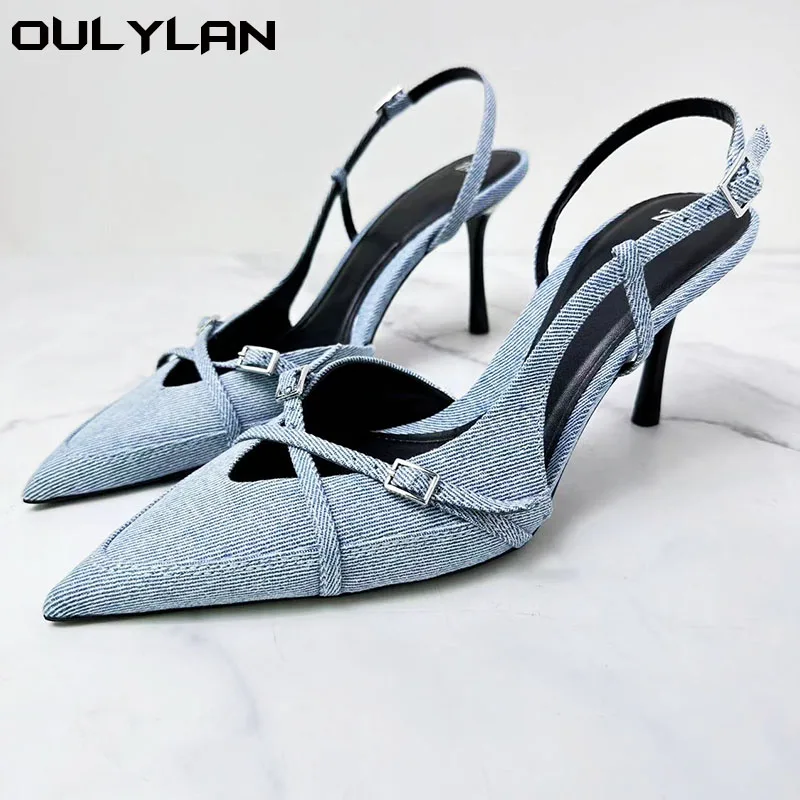 Luxury Brand Designer Women Sandals Pointed Toe Thin High Heel Buckle Strap Denim Mules Sexy Party Single Shoes Female