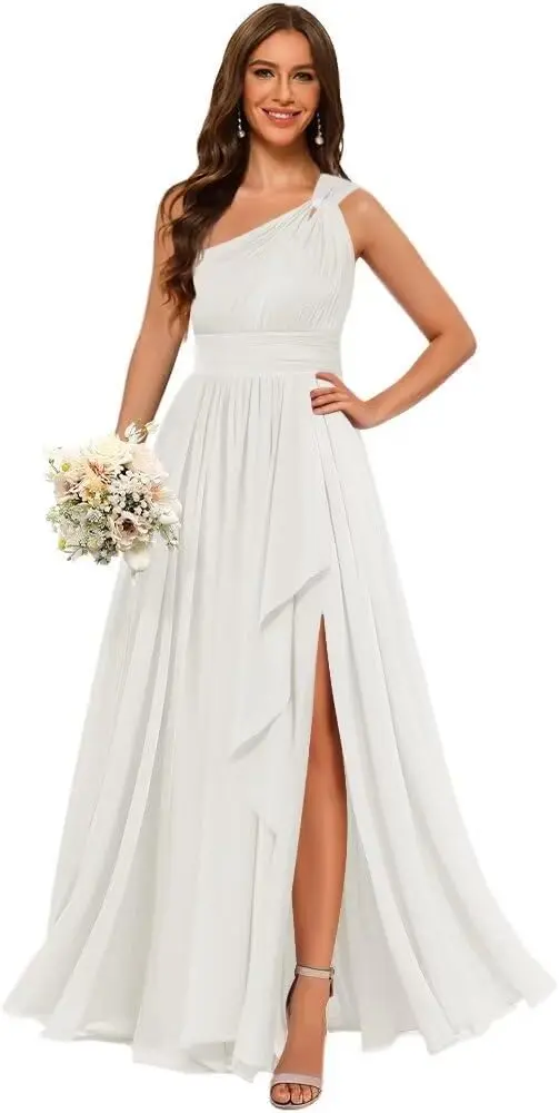 

Women's One Shoulder A-line Bridesmaid Dress, Chiffon Pleated ,One Shoulder A-line Long Formal Evening Dress, Elegant Ball Dress