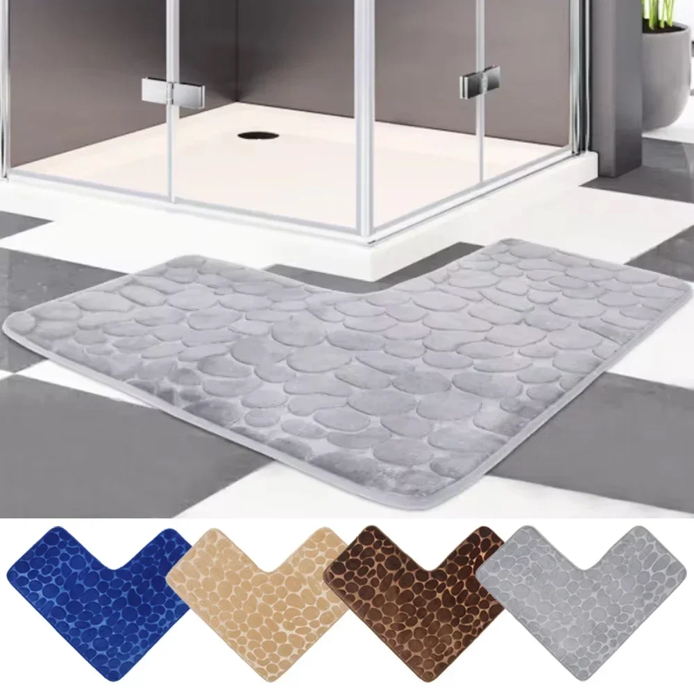 L-shaped Corner Bathroom Mat Cobblestone Non-slip Toilet Mat, Machine Washable Soft Absorbent Floor Mat Bath Corner Shower Mat