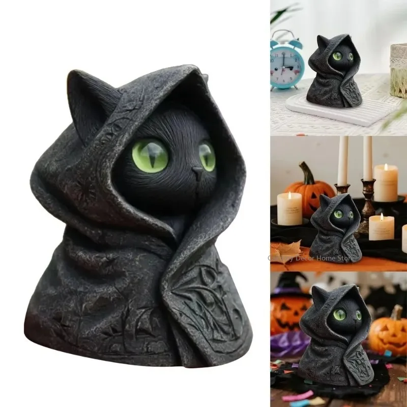 Cat Decor Figurines 3D Printed Cat Sculpture Hooded Cloak Gothic Mystical Cat Statue Decoration Ornaments Halloween Decor