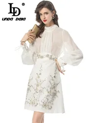 LD LINDA DELLA 2024 Autumn Luxury Skirt Sets Women's Solid Color Chiffon Tunic+Flowers Embroidery Sequins Skirt Two Pieces Set