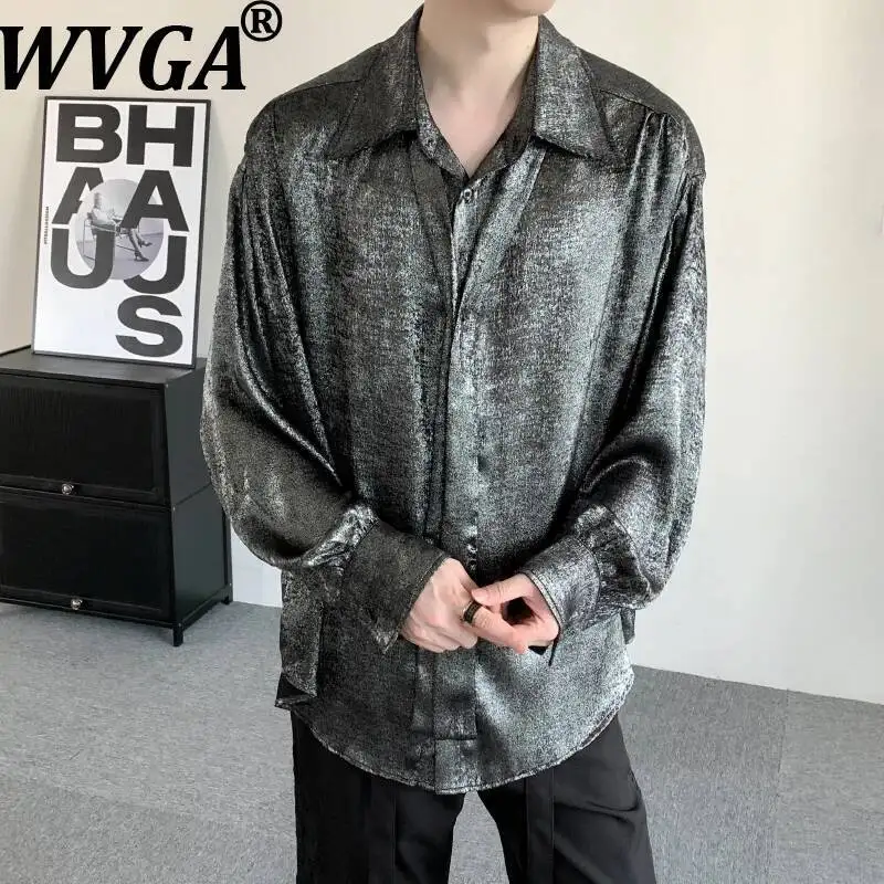 

WVGA Spring Autumn New Men High-End Loose Luxurious Silver-Shimmer Long Sleeve Shirt Niche Chic Casual Oversized Tops Ins W23919