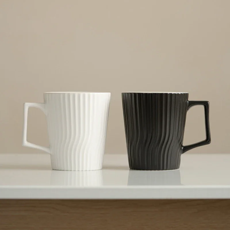 Embossed Ceramics Mug with Handle Solid Color Striped Shape Milk Coffee Water Cup for Household And Office Practical Use