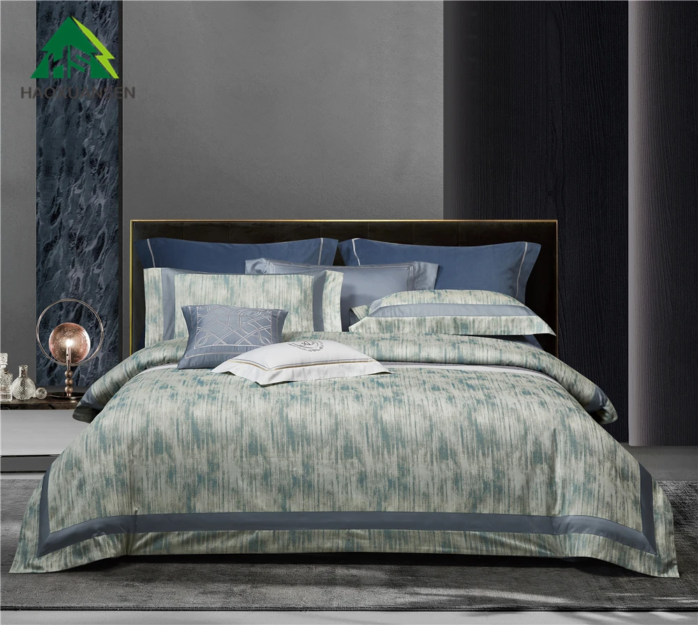 Halo Dyeing Art Design Bedding Sets Pure Cotton Yarn Dyed Jacquard Duvet Cover Pillowcase Sheets Double Stranded Yarn Blue Grey