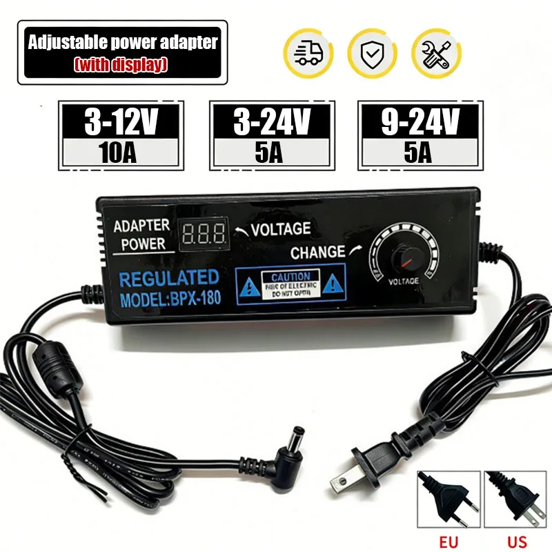 EU US Plug 3-12V 10A Adjustable Voltage Power Adapter 3-24V 9-24V5A Universal AC Input Clear Display Screen High Work Efficiency