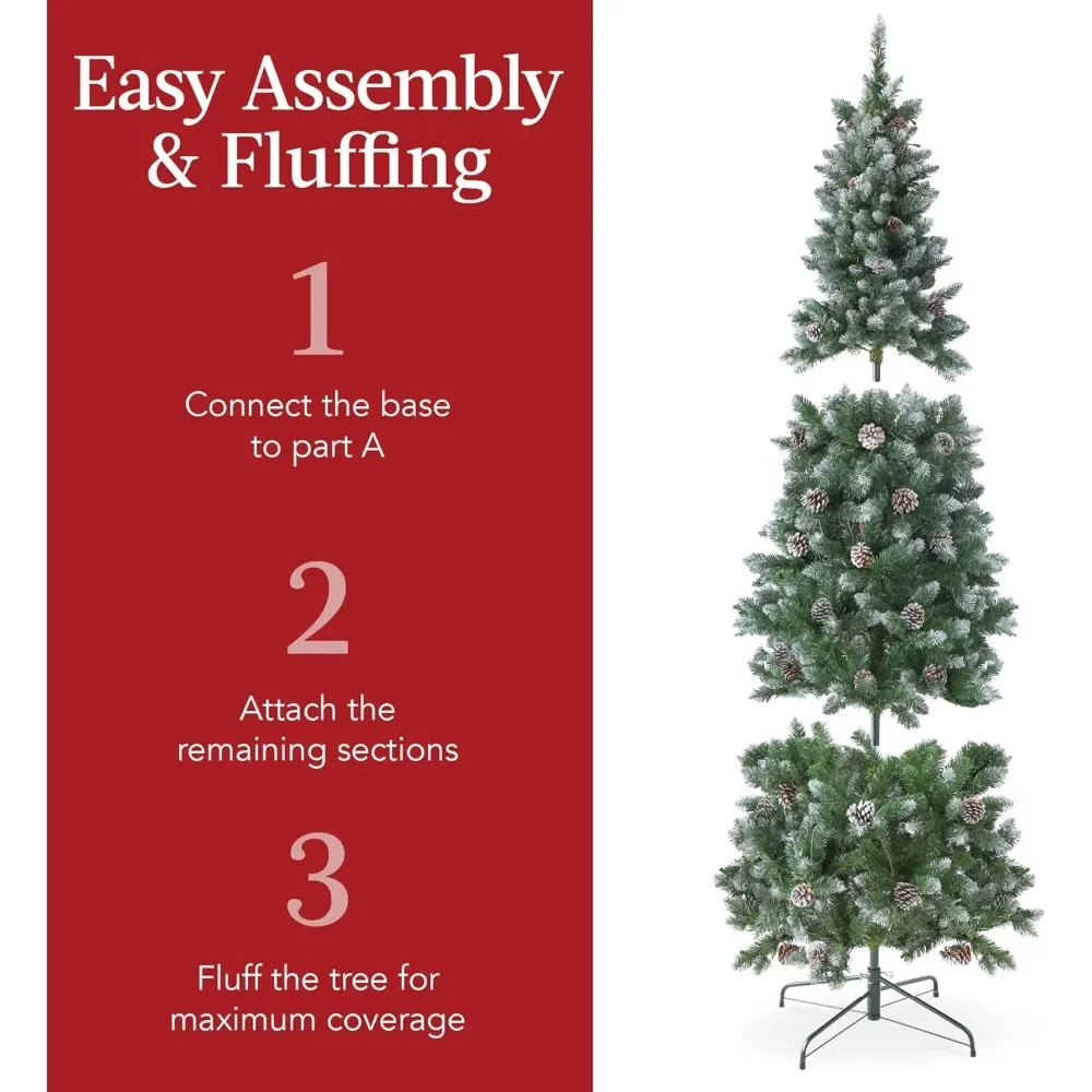 7.5ft Pre-lit Pencil Christmas Tree, Partially Flocked & Frosted Slim Holiday Tree Decoration, Skinny Xmas