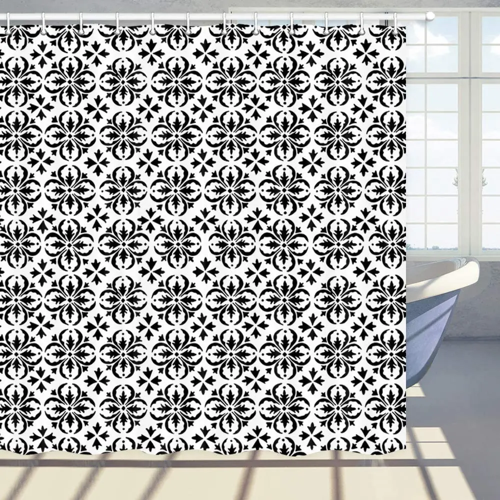 Farmhouse Shower Curtain Black and White Bathroom Decor Tile Geometric Polyester Fabric Bath Curtains Set with Hooks