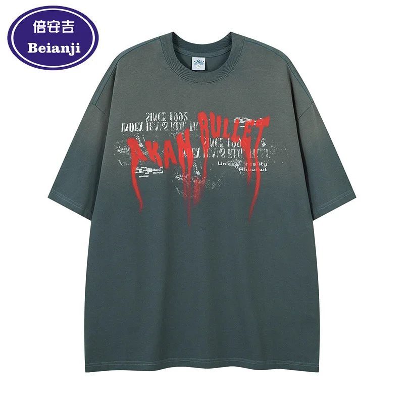 

BEIANJI 2025 new cotton short-sleeved tees men's summer street hip-hop spray horse Liu gradual change printing tide T-shirt
