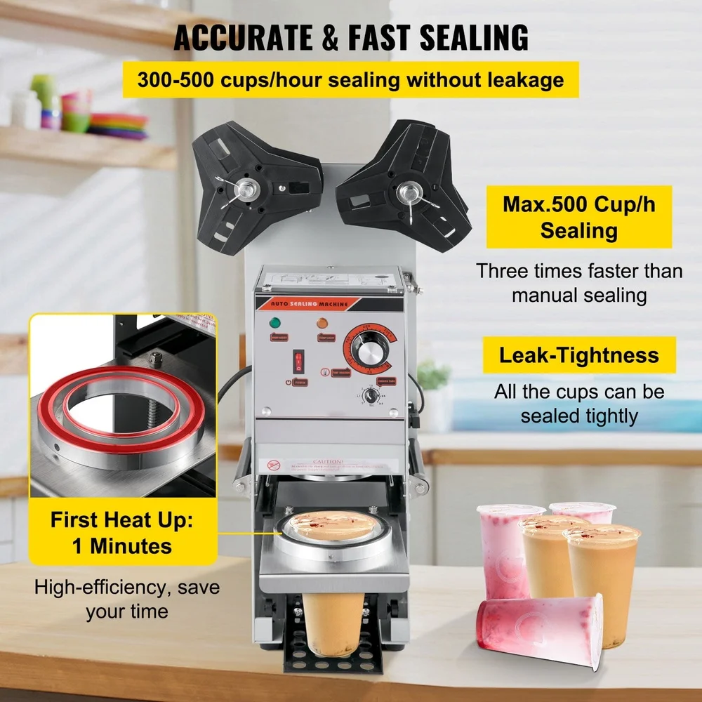 Halbautomatischer Getränkedeckel-Applikator, 300–500 Tassen pro Stunde, einstellbare Dichtungszeit, Bedienfeld, Tassen mit 90–95 mm Durchmesser
