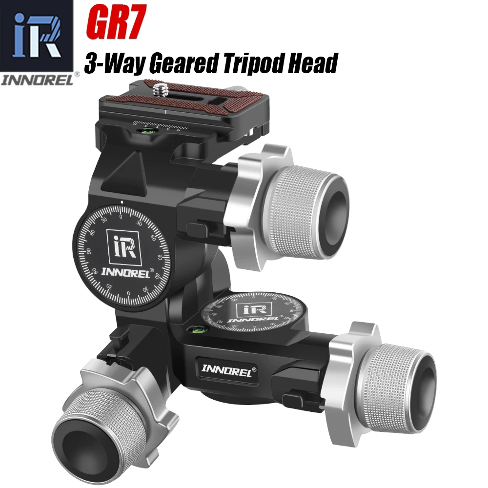 GR7 CNC Aluminum Alloy High Precision 3 Way Geared Tripod Head Load Capacity 6kg with Arca Type QR Plate for Photography Camera