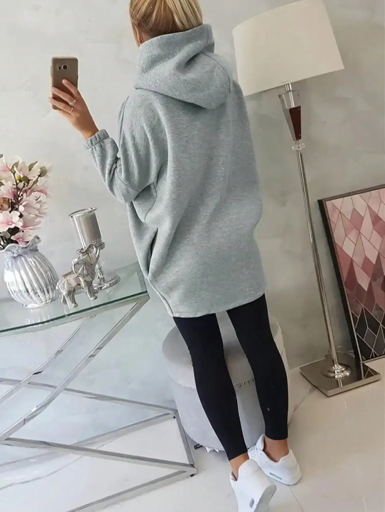 Women's Oversized Hoodie with Zipper & Tulip Hem, Solid Gray Casual Sweatshirt for Autumn