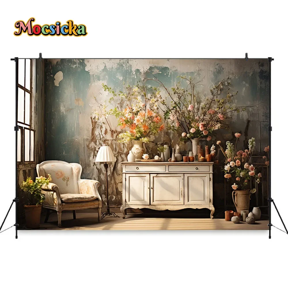 Fotografie Hintergrund Studio Familie Foto Innenraum Tapete Hintergrund Retro beschädigte Wand Fenster Schrank Blume Dekor Requisiten